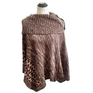Boutique Knitted Pancho Tan Brown Aztec Design Size L/XL Cowl Neck Buttons